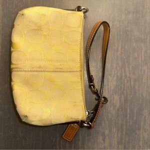 Coach Yellow Signature Jacquard Wristlet with Tan Leather Strap